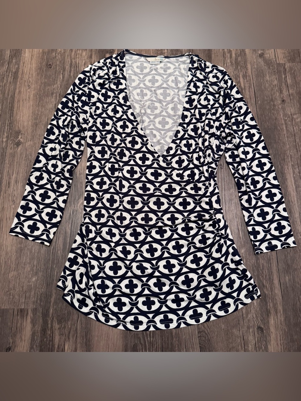 Boden Elodie Jersey Knit Wrap Top 12 Blue Geo Long Sleeve Soft Casual V Neck
